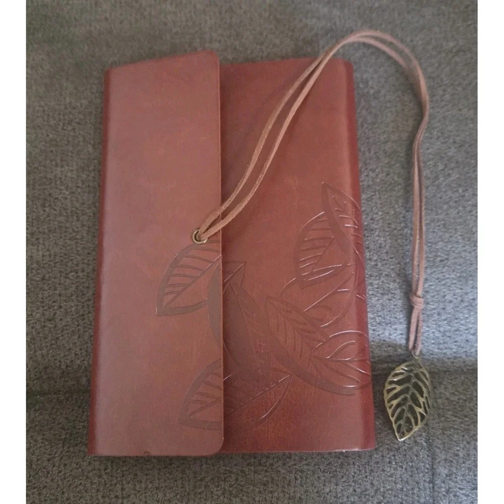 Multipurpose Faux Leather Leaf Etched Leaf Pendant Design Diary Journal - Brown
